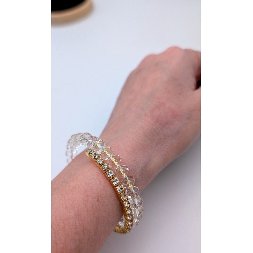 Gold Tone Rhinestone and Clear Crystal Bead Wrap Bypass Coil Bracelet